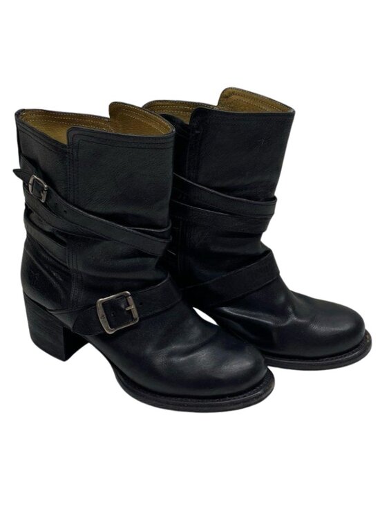 Frye Shoes - Frye Vera Harness Black Leather Boots Size 8B Strappy Moto Chunky Heel